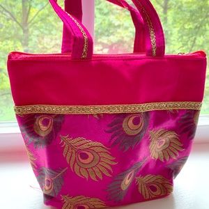 NWOT designer bollywood peacock feather pink raw silk evening bag